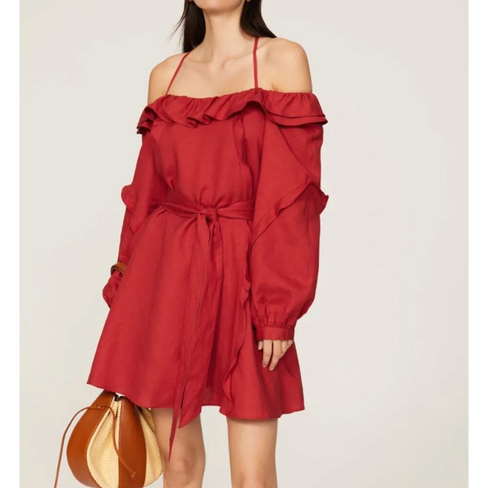 Marissa Webb Collective Red Ruffle Off The Shoulder Belted Linen Mini Dress- S